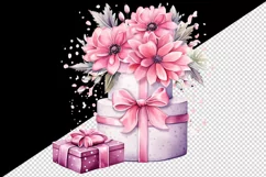 Watercolor pink happy birthday gift box floral holiday wedding flowers 20 oz tumbler skinny mug wrap clipart t-shirt sublimation printable design