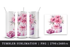 Watercolor pink happy birthday gift box floral holiday wedding flowers 20 oz tumbler skinny mug wrap clipart t-shirt sublimation printable design