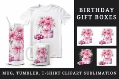 Watercolor pink happy birthday gift box floral holiday wedding flowers 20 oz tumbler skinny mug wrap clipart t-shirt sublimation printable design