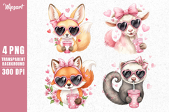 Watercolor Pink Heart Animals with Cute Drinks PNG