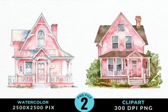 Watercolor Pink House PNG Set Clipart Product Image 1