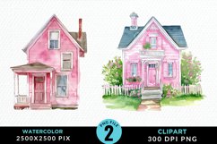 Watercolor Pink House PNG Set Clipart Product Image 1