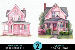 Watercolor Pink House PNG Set Clipart Product Image 1