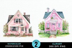 Watercolor Pink House PNG Set Clipart Product Image 1