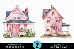 Watercolor Pink House PNG Set Clipart Product Image 1