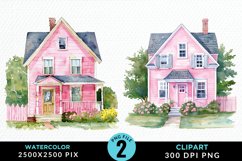 Watercolor Pink House PNG Set Clipart Product Image 1