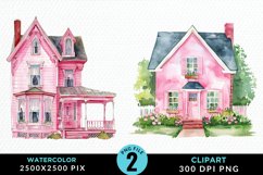 Watercolor Pink House PNG Set Clipart Product Image 1