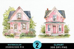 Watercolor Pink House PNG Set Clipart Product Image 1