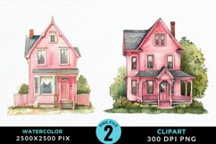 Watercolor Pink House PNG Set Clipart Product Image 1