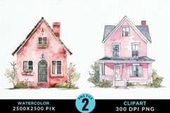Watercolor Pink House PNG Set Clipart Product Image 1