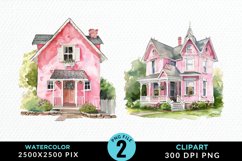 Watercolor Pink House PNG Set Clipart Product Image 1