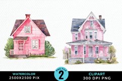 Watercolor Pink House PNG Set Clipart Product Image 1