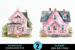 Watercolor Pink House PNG Set Clipart Product Image 1