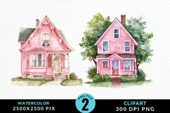 Watercolor Pink House PNG Set Clipart Product Image 1