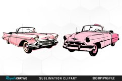 Watercolor Pink Retro Car PNG Set Clipart Product Image 1