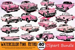 Watercolor Pink Retro Cars Clipart Bundle Product Image 1