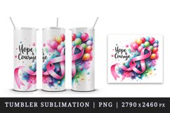 Watercolor pink ribbon breast cancer awareness Hope and Courage quote print 20 oz tumbler skinny mug wrap clipart t-shirt sublimation printable design