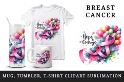 Watercolor pink ribbon breast cancer awareness Hope and Courage quote print 20 oz tumbler skinny mug wrap clipart t-shirt sublimation printable design