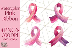 Watercolor Pink Ribbon Clipart, Breast Cancer Awareness PNG Product Image 1