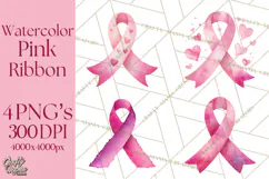 Watercolor Pink Ribbon Clipart, Breast Cancer Awareness PNG Product Image 1