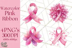 Watercolor Pink Ribbon Clipart, Breast Cancer Awareness PNG Product Image 1