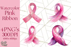 Watercolor Pink Ribbon Clipart, Breast Cancer Awareness PNG Product Image 1