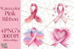 Watercolor Pink Ribbon Clipart, Breast Cancer Awareness PNG Product Image 1