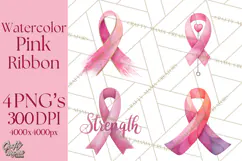 Watercolor Pink Ribbon Clipart, Breast Cancer Awareness PNG Product Image 1