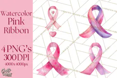 Watercolor Pink Ribbon Clipart, Breast Cancer Awareness PNG Product Image 1