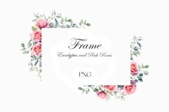 Watercolor pink roses and eucalyptus frame