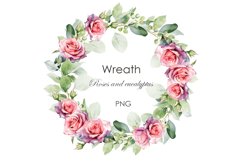 Watercolor pink roses and eucalyptus wreath
