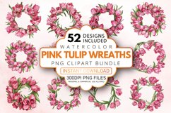 Watercolor Pink Tulip Wreaths Clipart Bundle Product Image 1