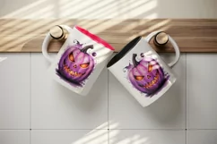 Watercolor pink violet Halloween horror pumpkin carving Jack-o-lantern 20 oz tumbler skinny mug wrap clipart t-shirt sublimation printable design