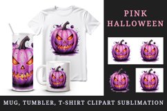 Watercolor pink violet Halloween horror pumpkin carving Jack-o-lantern 20 oz tumbler skinny mug wrap clipart t-shirt sublimation printable design