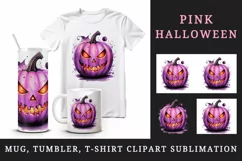 Watercolor pink violet Halloween horror pumpkin carving Jack-o-lantern 20 oz tumbler skinny mug wrap clipart t-shirt sublimation printable design