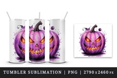 Watercolor pink violet Halloween horror pumpkin carving Jack-o-lantern 20 oz tumbler skinny mug wrap clipart t-shirt sublimation printable design