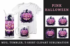 Watercolor pink violet Halloween leaves pumpkin carving Jack-o-lantern 20 oz tumbler skinny mug wrap clipart t-shirt sublimation printable design