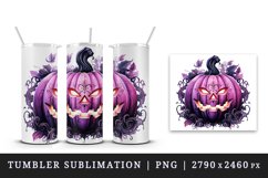 Watercolor pink violet Halloween leaves pumpkin carving Jack-o-lantern 20 oz tumbler skinny mug wrap clipart t-shirt sublimation printable design