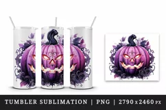 Watercolor pink violet Halloween leaves pumpkin carving Jack-o-lantern 20 oz tumbler skinny mug wrap clipart t-shirt sublimation printable design