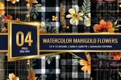 Watercolor Plaid with Marigold Flowers Digital Paper Product Image 1