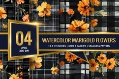 Watercolor Plaid with Marigold Flowers Digital Paper Product Image 1
