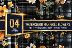 Watercolor Plaid with Marigold Flowers Digital Paper Product Image 1