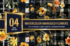 Watercolor Plaid with Marigold Flowers Digital Paper Product Image 1