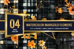 Watercolor Plaid with Marigold Flowers Digital Paper Product Image 1
