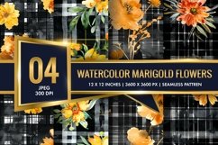 Watercolor Plaid with Marigold Flowers Digital Paper Product Image 1