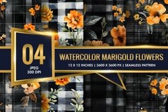 Watercolor Plaid with Marigold Flowers Digital Paper Product Image 1