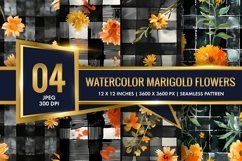 Watercolor Plaid with Marigold Flowers Digital Paper Product Image 1
