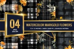 Watercolor Plaid with Marigold Flowers Digital Paper Product Image 1