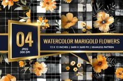 Watercolor Plaid with Marigold Flowers Digital Paper Product Image 1