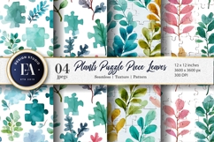Watercolor Plants with Puzzle Shaped Leaves Digital Paper Product Image 1